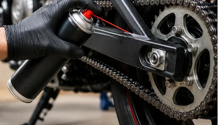 engrasar-cadena-moto-Mano con guante aplicando lubricante sobre la cadena y la corona de una moto