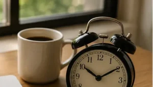 gestion-del-tiempo-y-limites-Reloj analógico y taza de café sobre un escritorio junto a una ventana