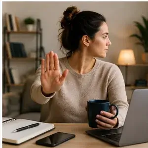 poner-limites-en-el-trabajo-Mujer en un espacio de trabajo levanta la mano en gesto de detenerse mientras sostiene una taza