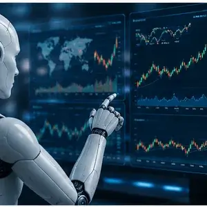 Robot observando gráficos y paneles financieros en varias pantallas