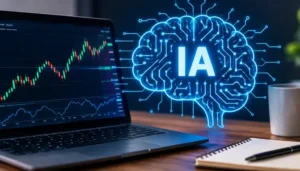 Ordenador con gráficos financieros y representación visual de inteligencia artificial aplicada al trading